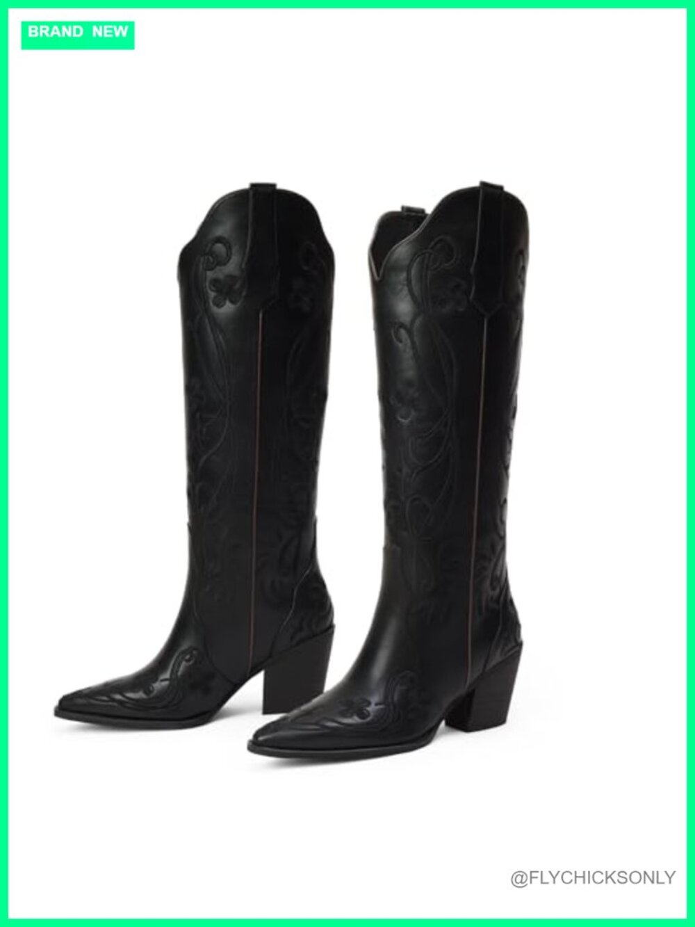 Knee High Western Cowgirl Boots Faux Leather Block Heel Pull On